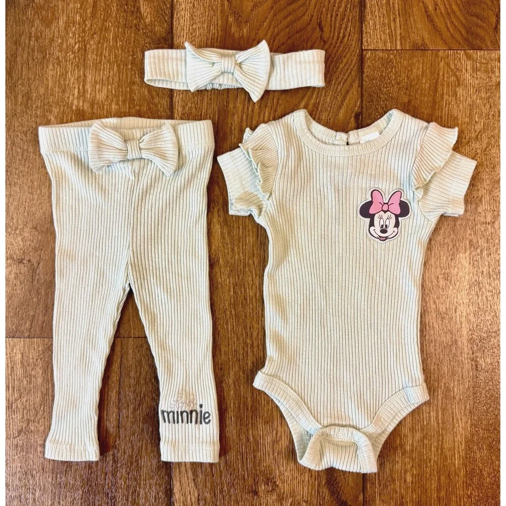 Disney Baby Minnie Mouse 3/6 Months 3 Piece Outfit Green‎ Shirt Pants Headband